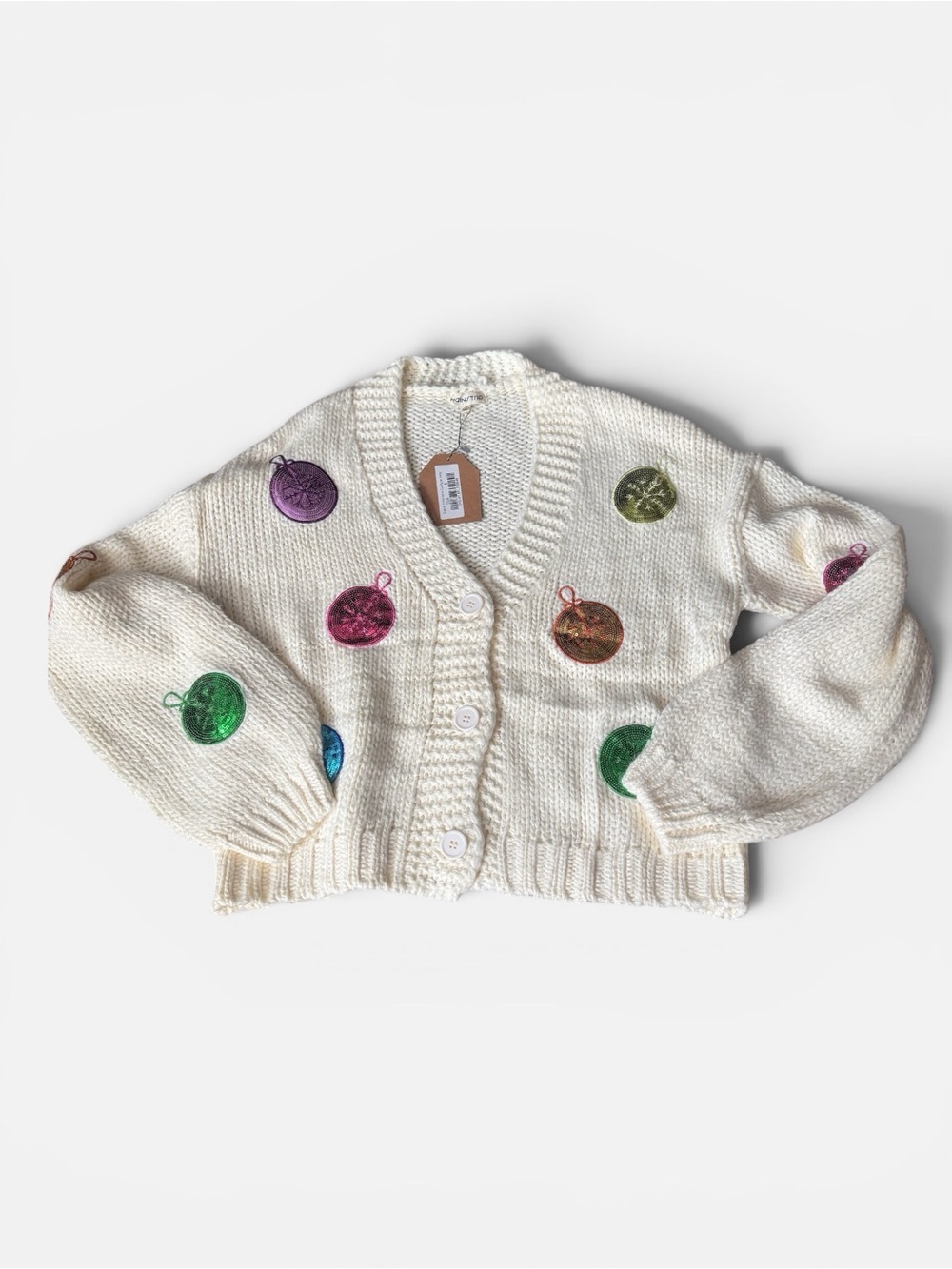 Women's Cream Chunky Knit Cardigan with Colorful Sequin Ornaments, Christmas